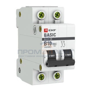 Автоматический выключатель EKF Basic ВА 47-29 2P 10А (B) 4,5кА (автомат электрический)