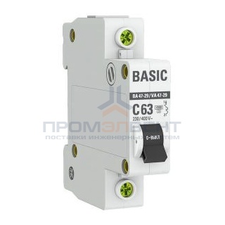 Автоматический выключатель EKF Basic ВА 47-29 1P 63А (C) 4,5кА (автомат электрический)