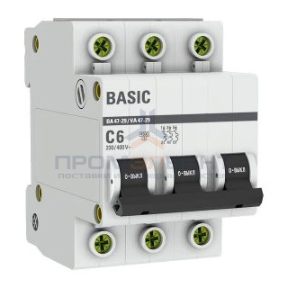 Автоматический выключатель EKF Basic ВА 47-29 3P 6А (C) 4,5кА (автомат электрический)