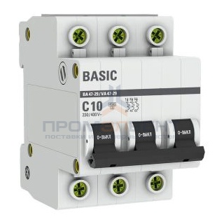 Автоматический выключатель EKF Basic ВА 47-29 3P 10А (C) 4,5кА (автомат электрический)