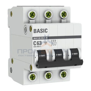 Автоматический выключатель EKF Basic ВА 47-29 3P 63А (C) 4,5кА (автомат электрический)
